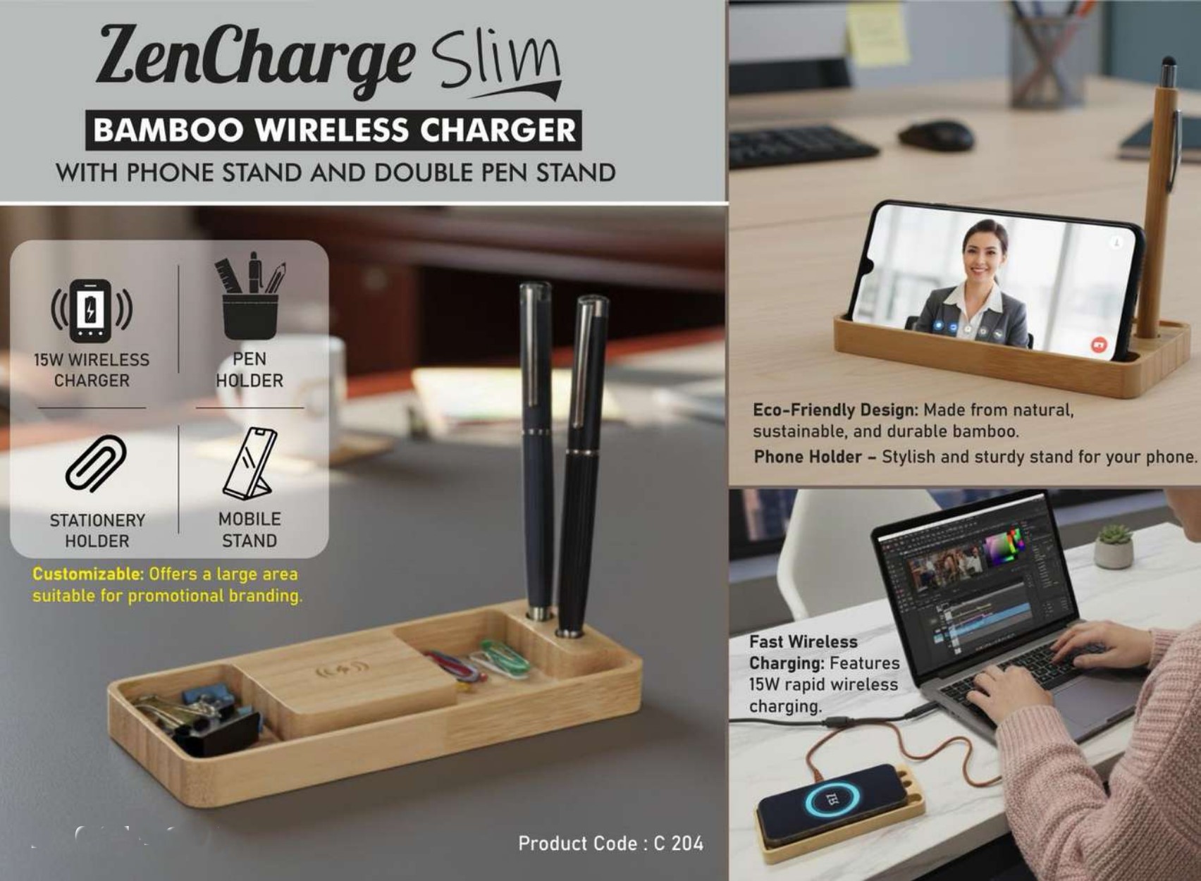 ZenCharge Slim Bamboo Wireless Charger Desk Organizer